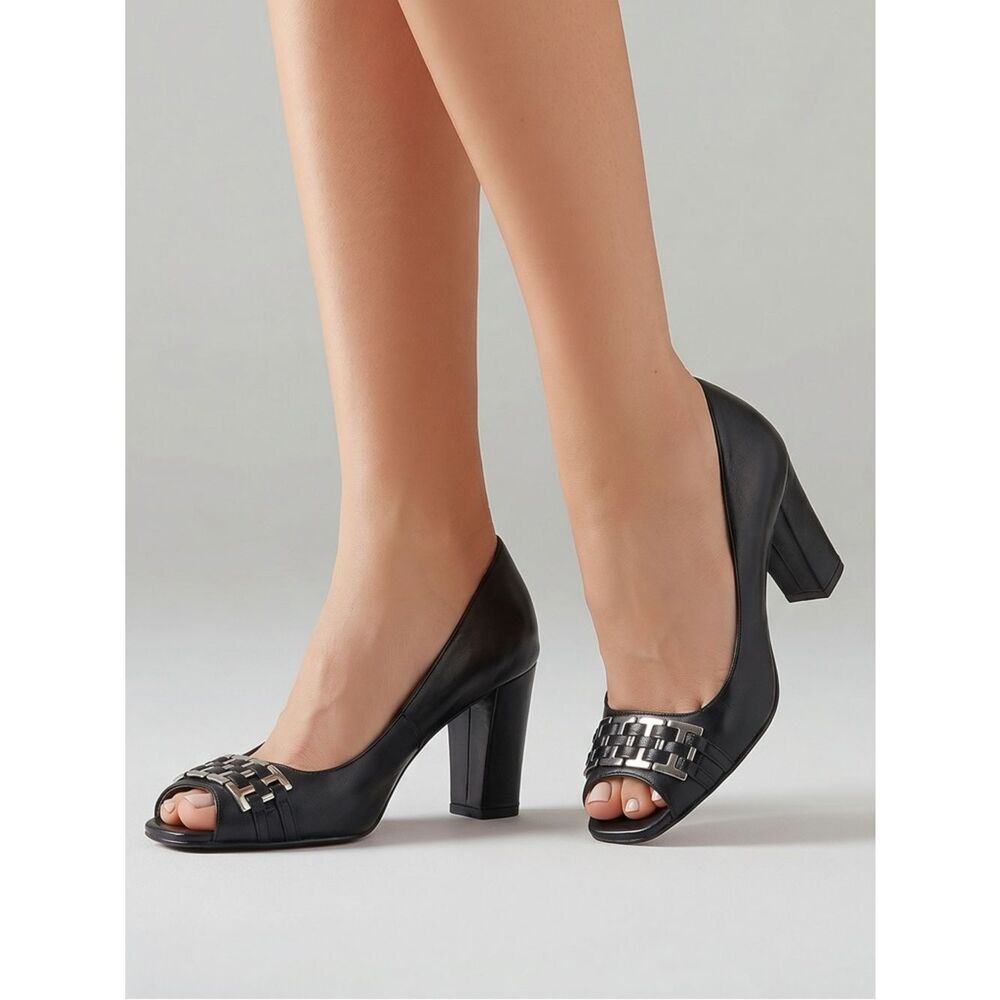 TAHARI | Black Open Toe Heels w/ Chain Accent 6.5